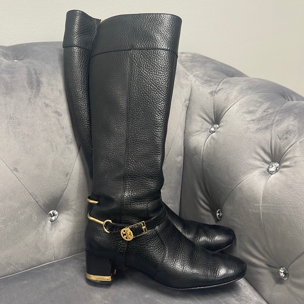 Tory Burch Black Pebbled Leather Knee High Boots